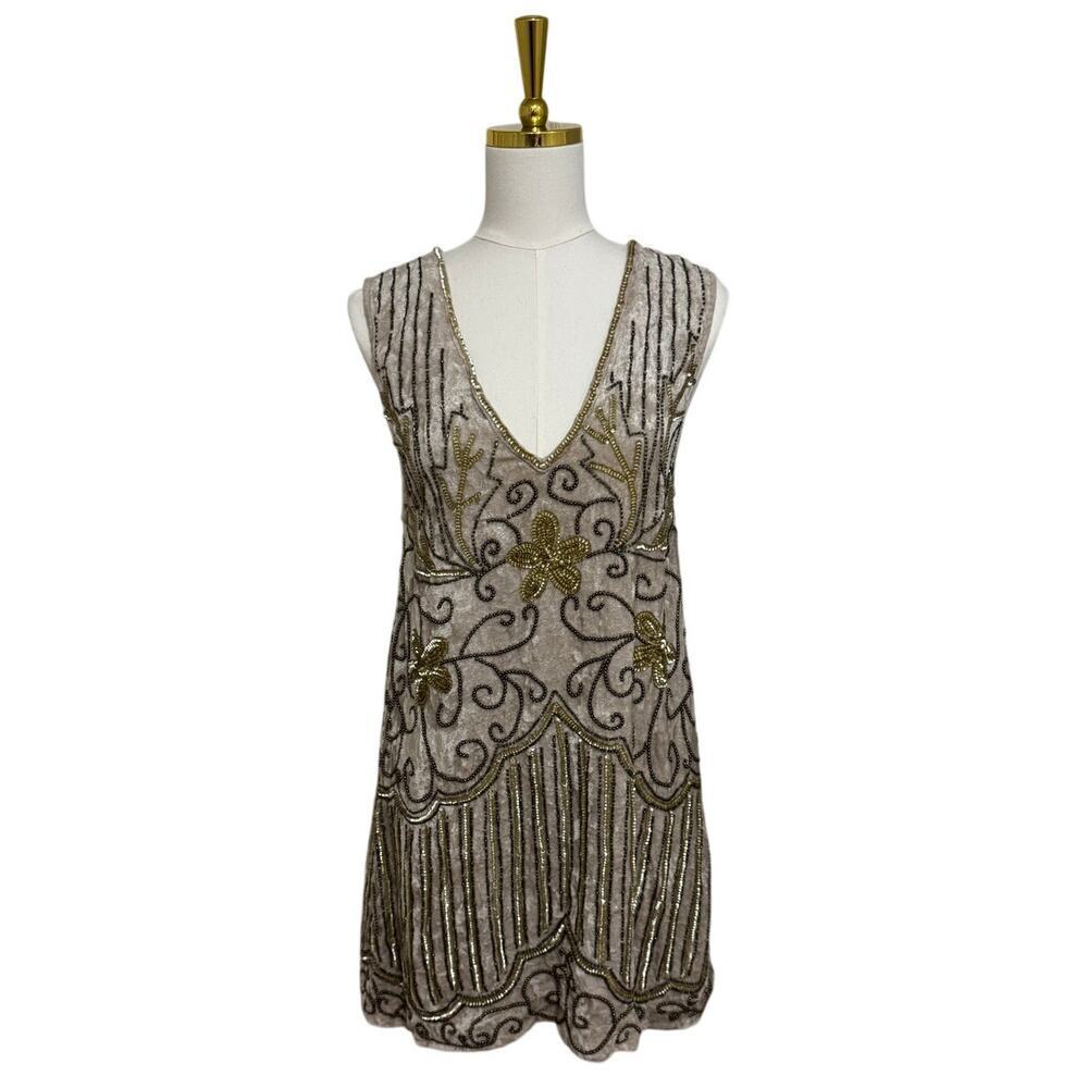 Spell & The Gypsy Collective Elsa Beaded Sequin Dress XS Gold Art Deco Mini